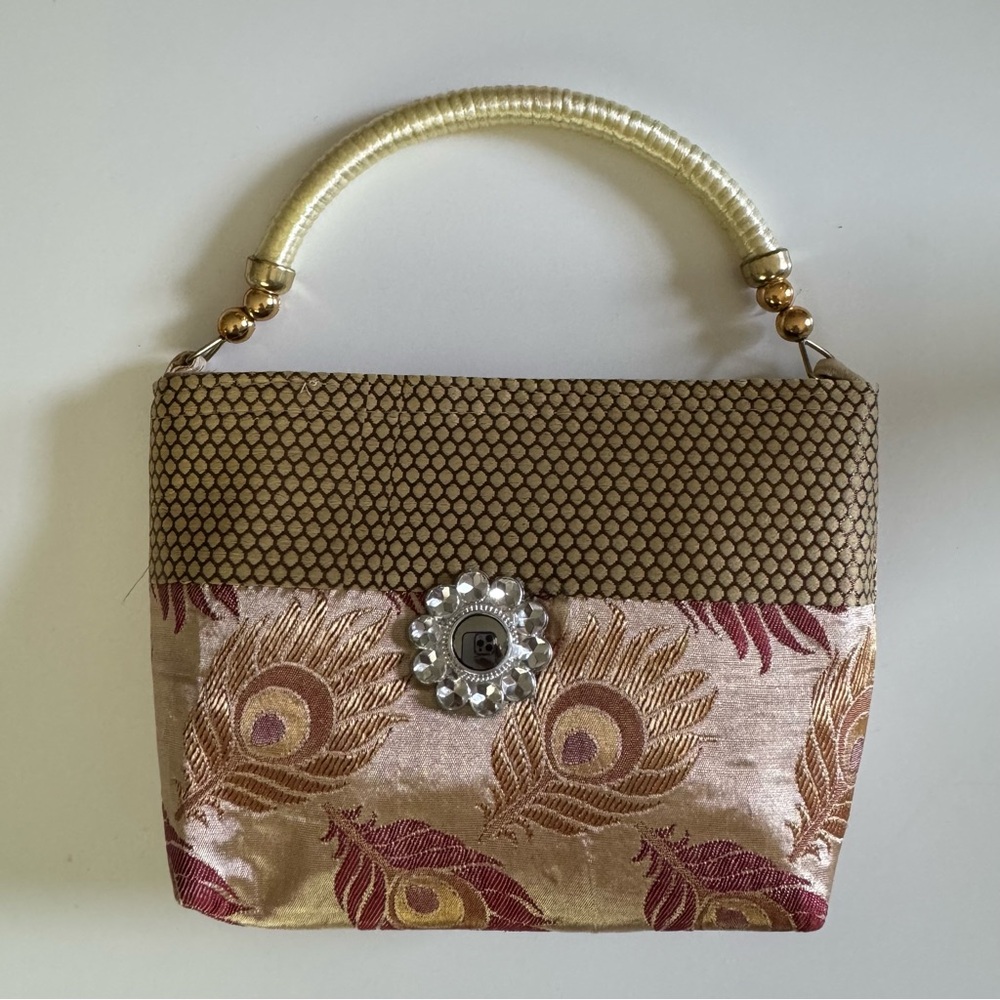 NEW made in India red & gold peacock feather handbag